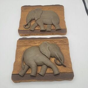 Vtg Home Interiors‎ GIA HOMCO Elephant Wall Hangings Plaques 2-Set 9.5"Wx7.5"T